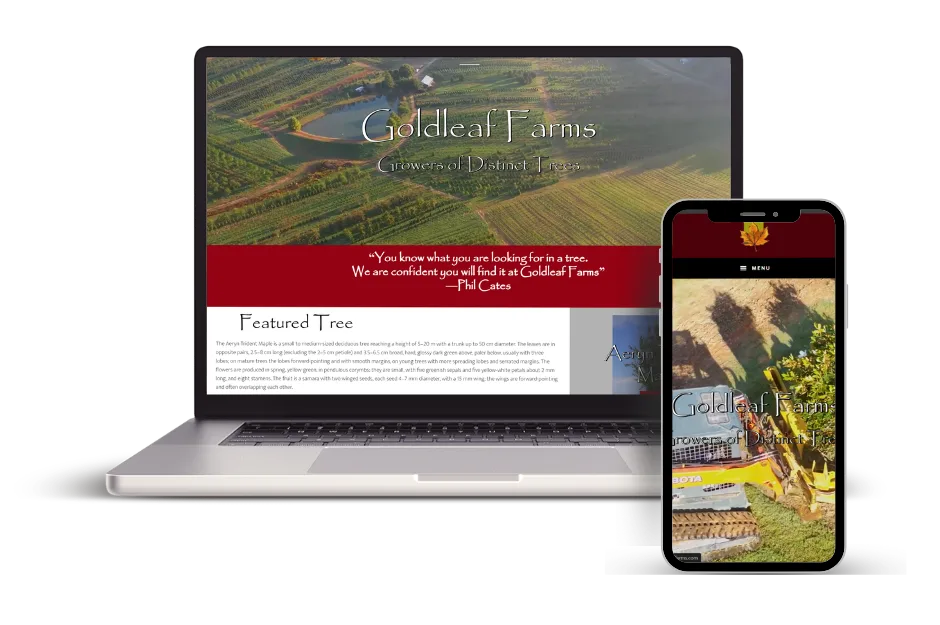 Laptop and smartphone displaying the Goldleaf Farms website with aerial farm imagery and a red banner across the page.