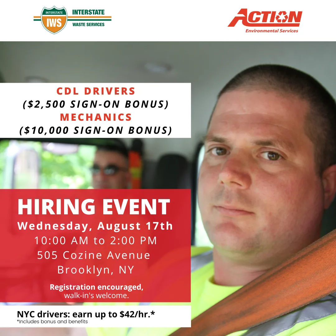 Hiring event flyer for NYC drivers and mechanics with logos; date, time, and 505 Cozine Ave, Brooklyn, NY on red panel; man in a vehicle wearing a safety vest.