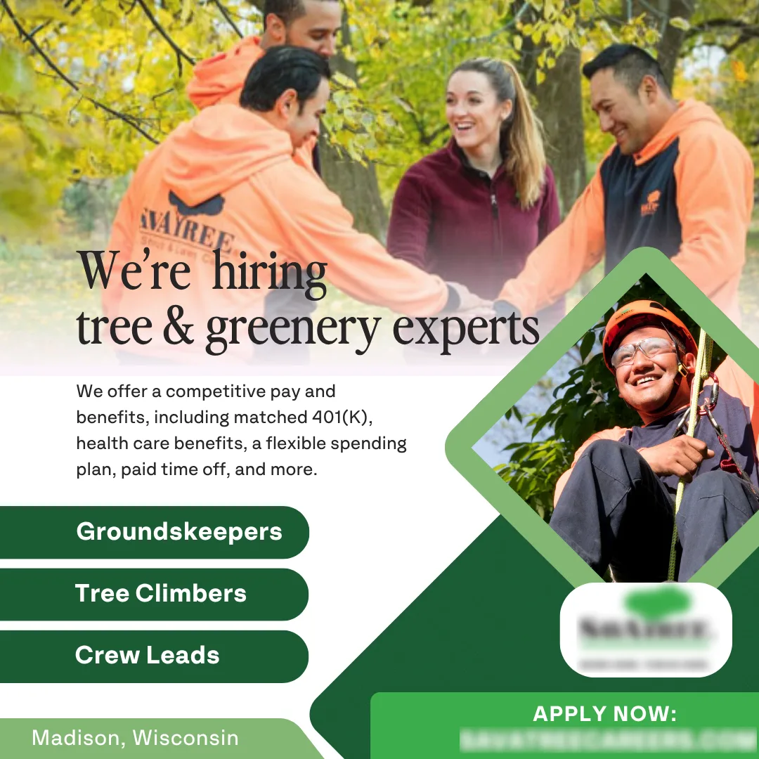 Recruitment poster for a landscaping company outdoors; headline says “We’re hiring tree & greenery experts” with roles Groundskeepers, Tree Climbers, Crew Leads in Madison, Wisconsin.