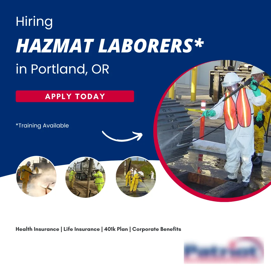 Ophazmat-laborer-recruitment-ad-portland-01 - ProIQ - Market Smarter Hiring hazmat laborers in Portland, OR — apply today. A worker in a white hazmat suit and safety vest operates near an industrial site; circular thumbnails show training scenes.