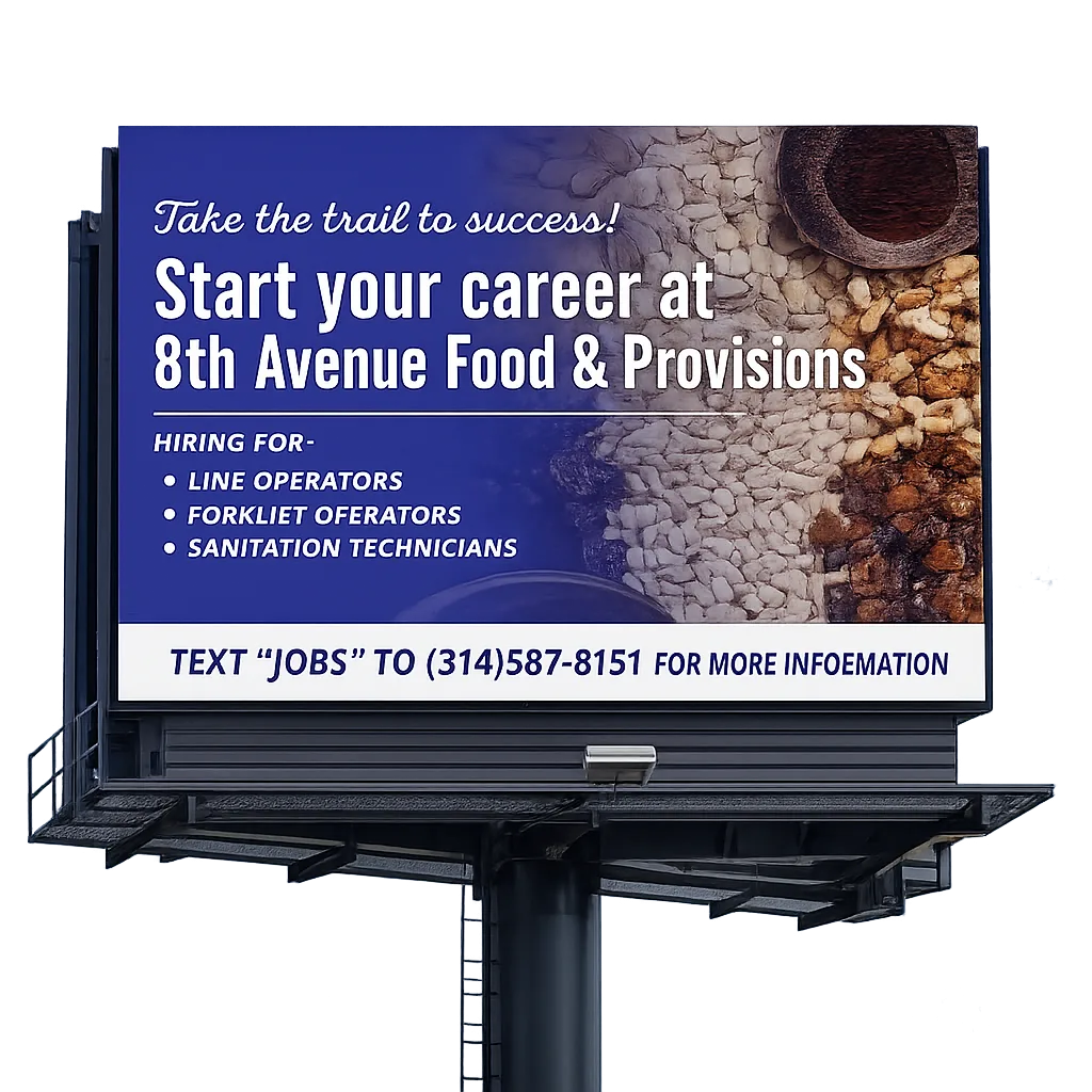 ProIQ_Scaling Recruitment for a New Manufacturing Facility_Billboard Mockup - ProIQ - Market Smarter Billboard advertising jobs at 8th Avenue Food & Provisions: hiring line operators, forklift operators, and sanitation technicians; text 'JOBS' to (314)587-8151 for more information.