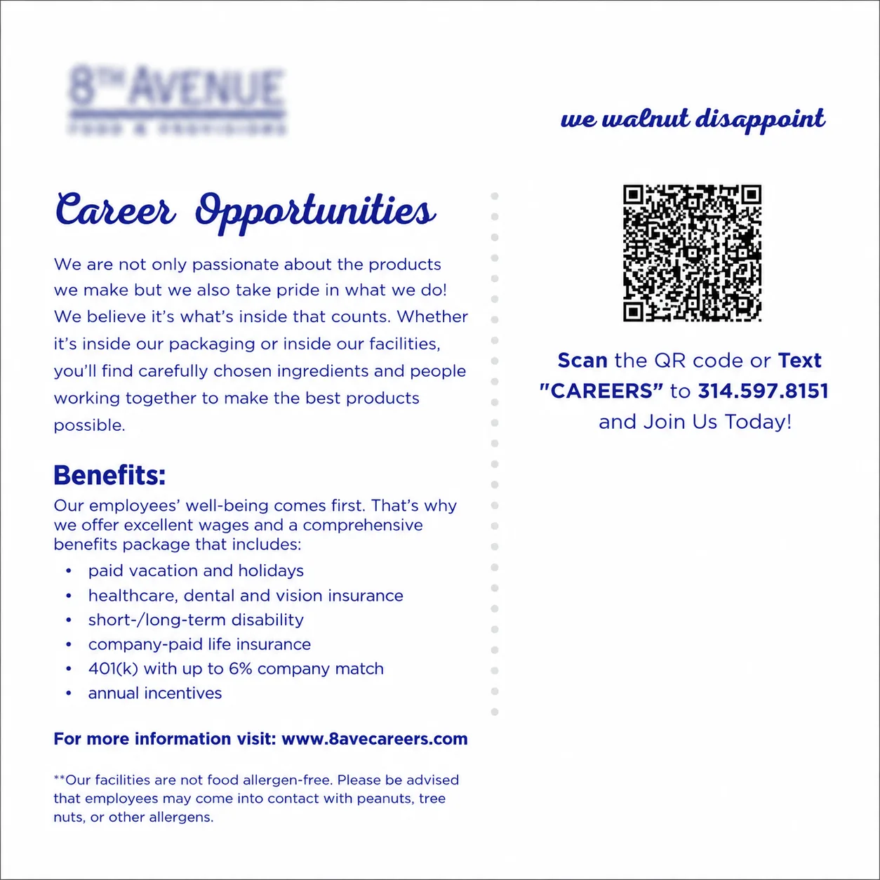 ProIQ_Scaling Recruitment for a New Manufacturing Facility_Direct Mail Campaign - ProIQ - Market Smarter Two-column flyer about Career Opportunities: left side explains benefits and company values, right side shows a QR code with join-us instructions.