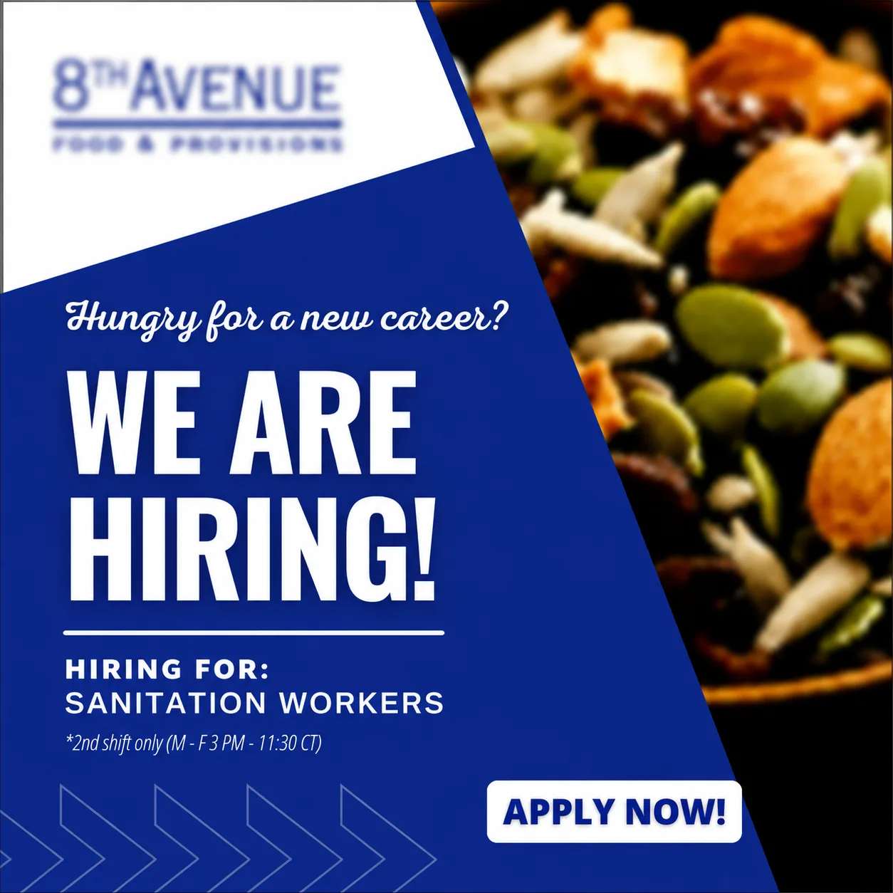 ProIQ_Scaling Recruitment for a New Manufacturing Facility_Social Media Ad - ProIQ - Market Smarter Poster announcing job openings: 'We ARE HIRING!' for sanitation workers, second shift; apply now.