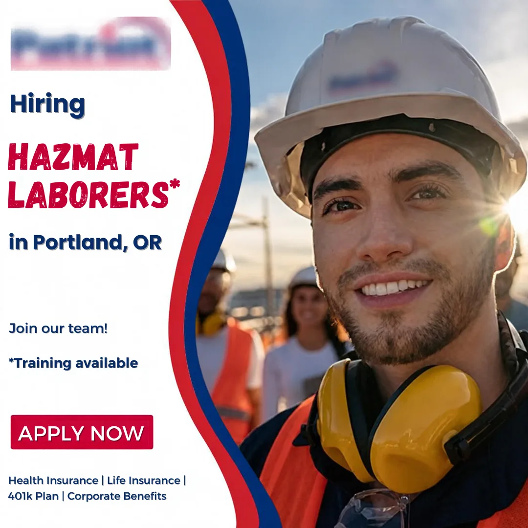 hazmat-laborer-recruitment-ad-portland-02 - ProIQ - Market Smarter Hiring ad for hazmat laborers in Portland, OR featuring a smiling worker in a hard hat and yellow ear protection.