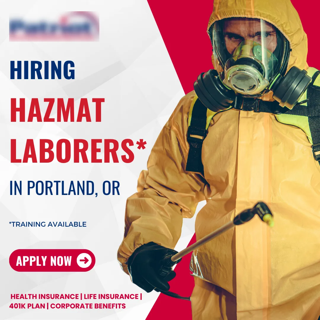hazmat-laborer-recruitment-ad-portland-03 - ProIQ - Market Smarter Hazmat worker in full suit and respirator on a bold ad with 'HIRING HAZMAT LABORERS IN PORTLAND, OR' text on the left.
