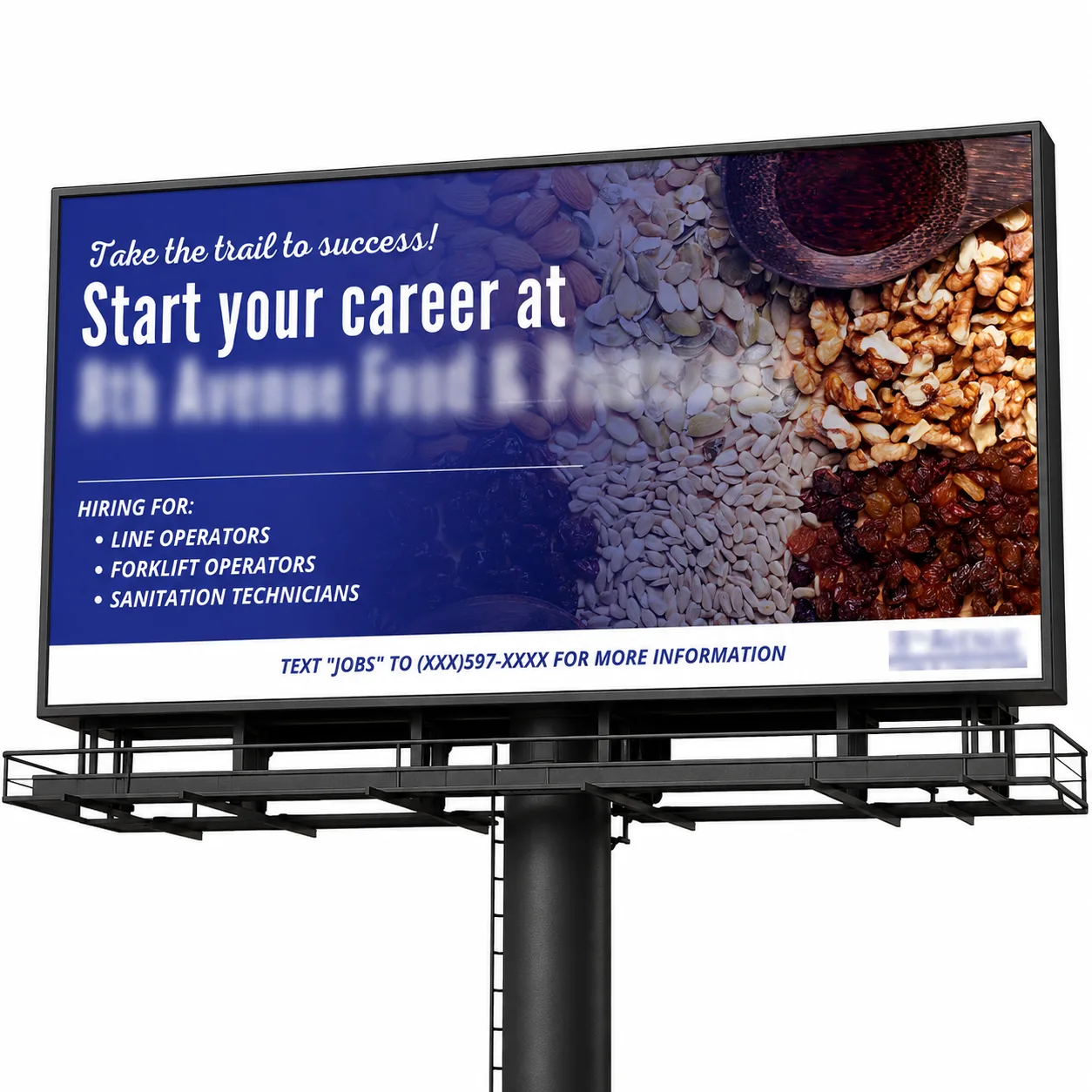 ProIQ_Scaling Recruitment for a New Manufacturing Facility_Billboard Mockup-New - ProIQ - Market Smarter Outdoor billboard promoting careers in the food industry, listing line operators, forklift operators, and sanitation technicians.