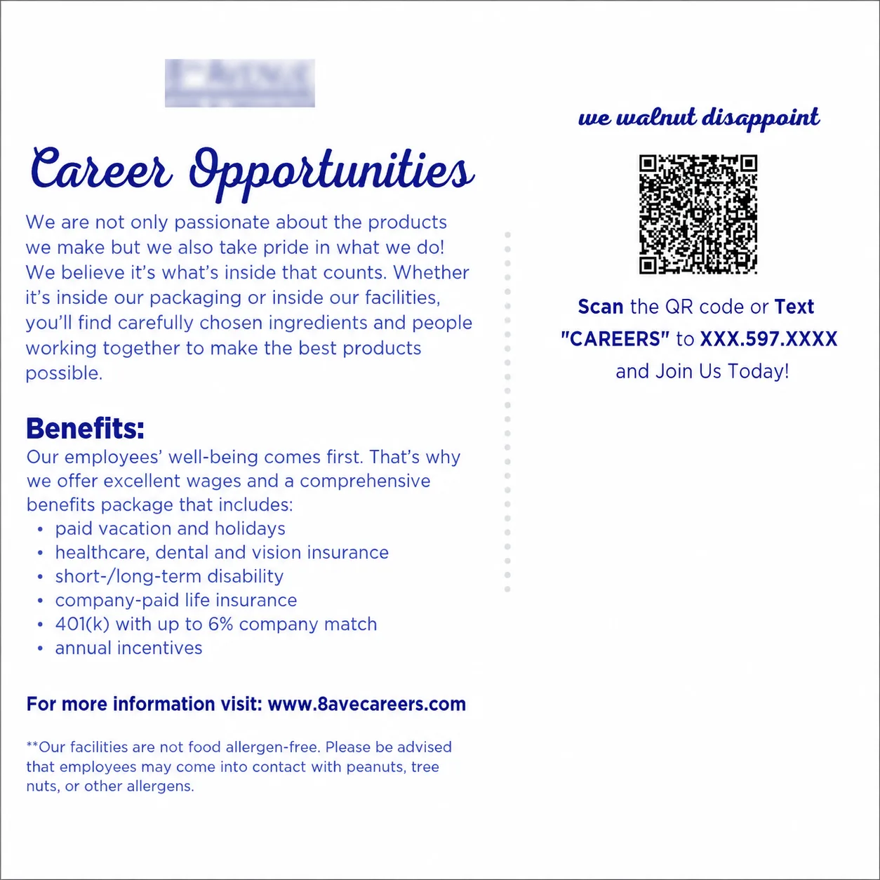 ProIQ_Scaling Recruitment for a New Manufacturing Facility_Direct Mail Campaign-New - ProIQ - Market Smarter Two-column flyer about Career Opportunities: left side explains benefits and company info, right side shows a QR code with instructions to Scan or Text 'CAREERS' to XXX.597.XXXX to join.