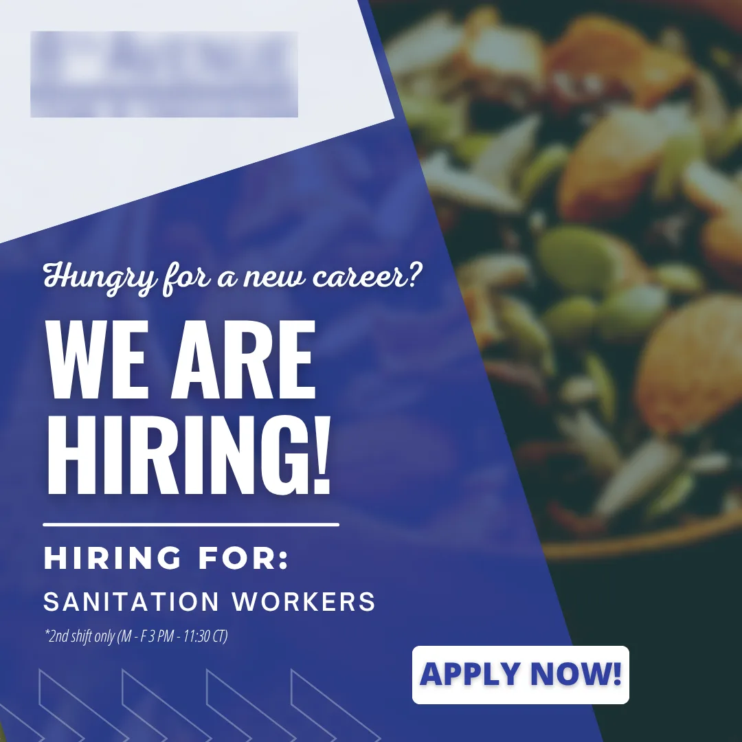 ProIQ_Scaling Recruitment for a New Manufacturing Facility_Social Media Ad-New - ProIQ - Market Smarter Bold poster saying 'WE ARE HIRING!' for sanitation workers; includes 'APPLY NOW' button on bottom right and eligibility note about second shift (M-F 3 PM–11:30 CT)